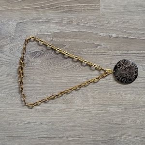 Vintage 70s vibe gold chain necklace with etched wood pendant
